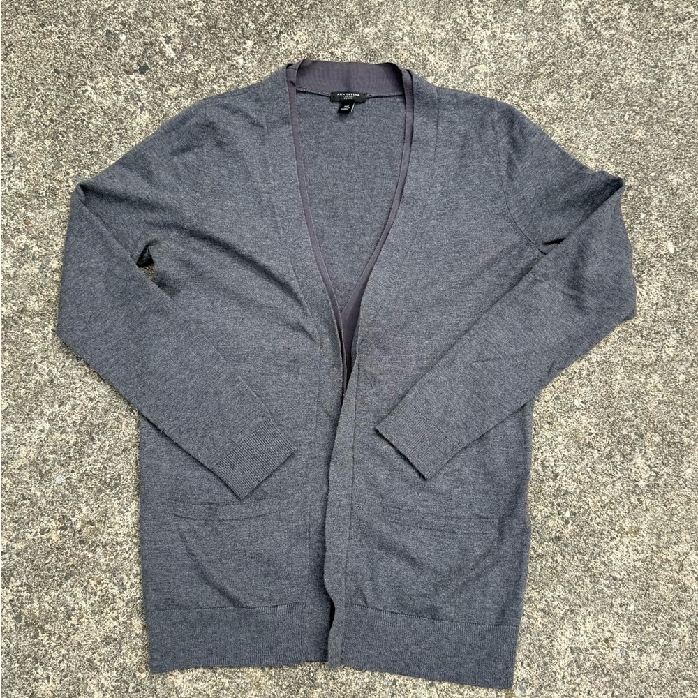Ann Taylor Gray Open-Front Long Sleeve Cardigan Sweater with Pockets, Size S - Picture 1 of 10